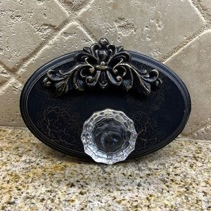 Gorgeous black distressed w/antique gold plus heavy glass knob towel hanger